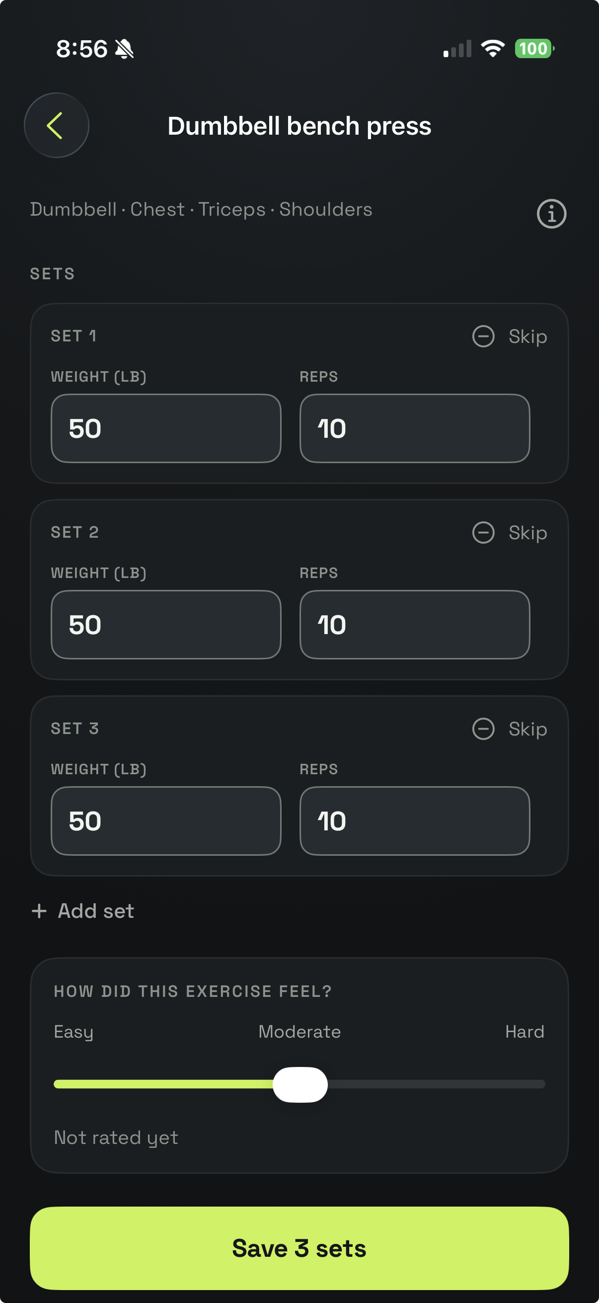 Dumbbell bench press: three sets of 50 pounds and 10 reps, ready to save.